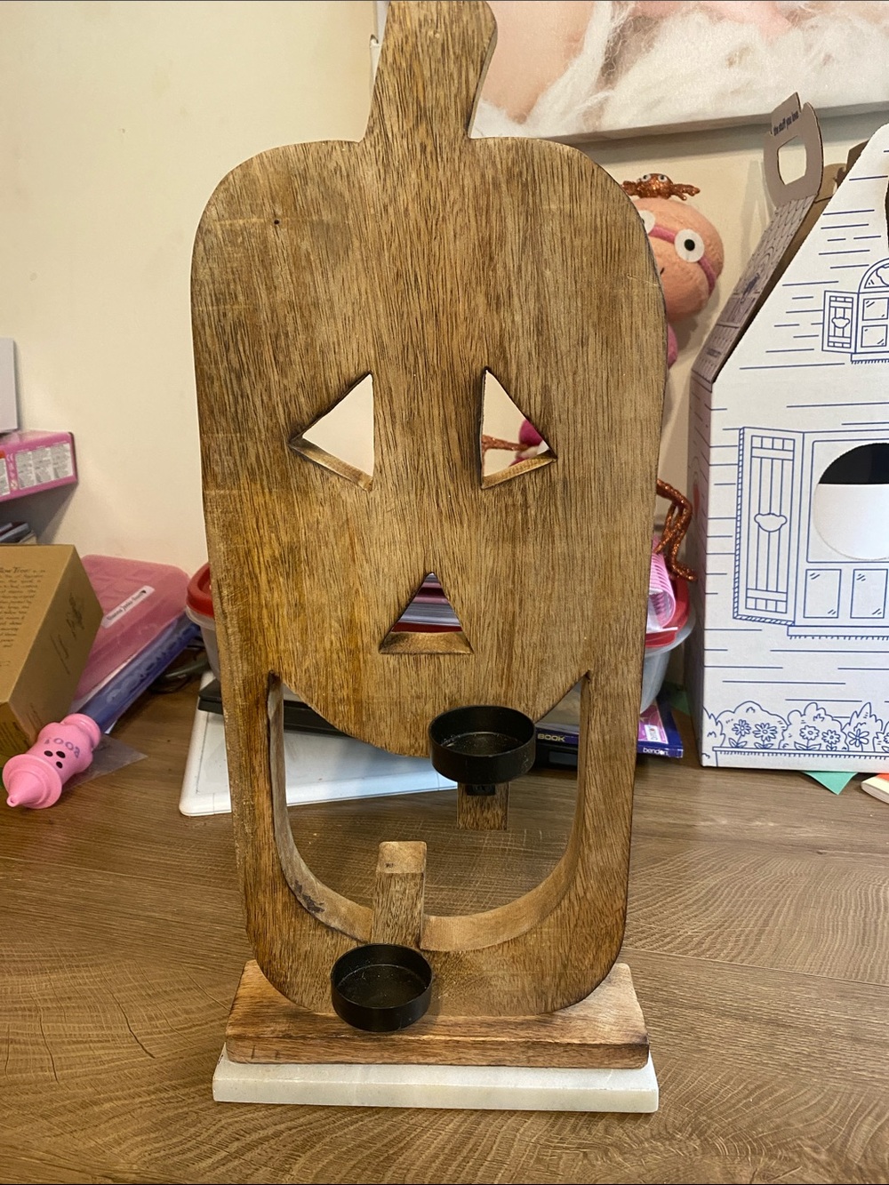 Wooden Jack-o'-Lantern Candle Holder - Natural Brown